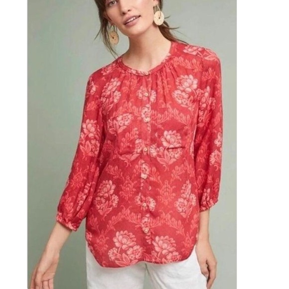 Anthropologie Tops - ANTHROPOLOGIE AKEMI + KIN Red Orange Floral Button Down Top Blouse Size Medium